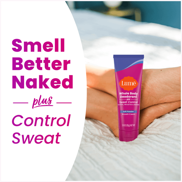 The text Smell Better Naked plus Control Sweat, alongside a picture of cream deodorant plus sweat control next to a woman's feet