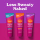 The text "Less Sweaty Naked" and three tubes of cream deodorant plus sweat control