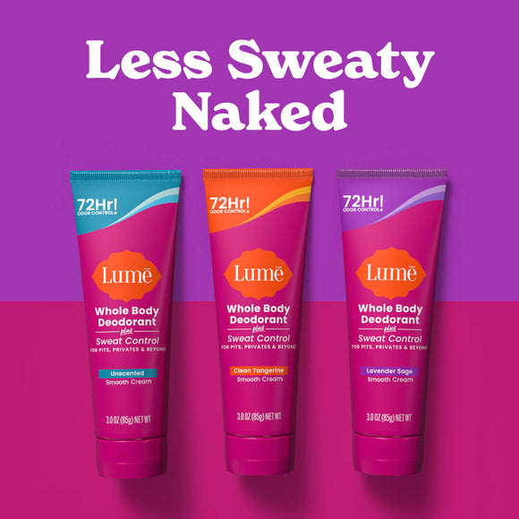 The text "Less Sweaty Naked" and three tubes of cream deodorant plus sweat control