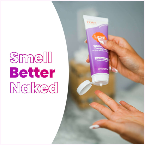 Person applying Lume lavender sage cream deodorant to their left hand and the text: smell better naked