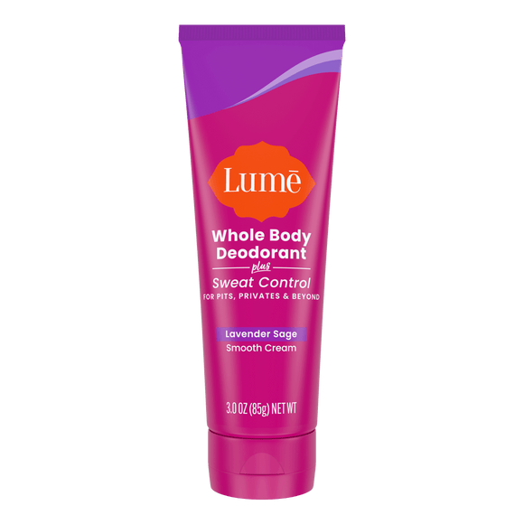 Pink and purple Lume Lavender Sage scented Cream Deodorant plus Sweat Control tube
