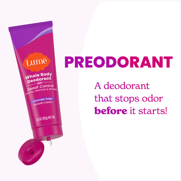 Open tube of Lume Cream Deodorant plus Sweat Control alongside the text: Preodorant. A deodorant that stops odor before it starts!