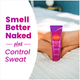 The text Smell Better Naked plus Control Sweat, alongside a picture of cream deodorant plus sweat control next to a woman's feet