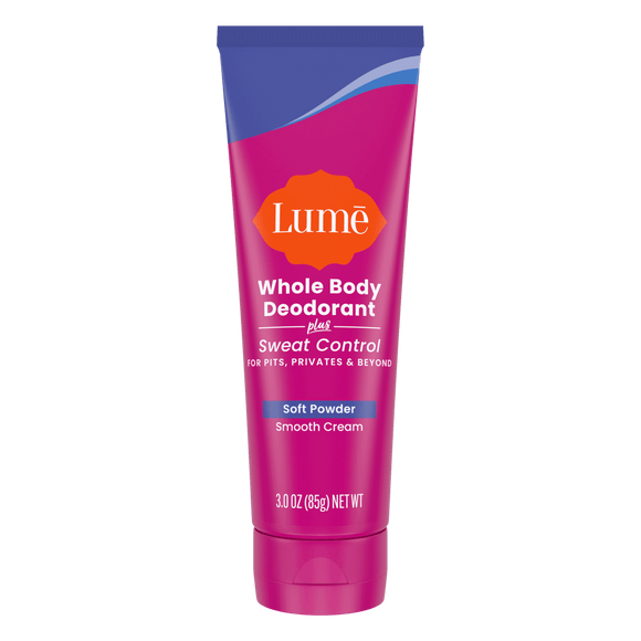 Pink and purple Lume Soft Powder scented Cream Deodorant plus Sweat Control tube