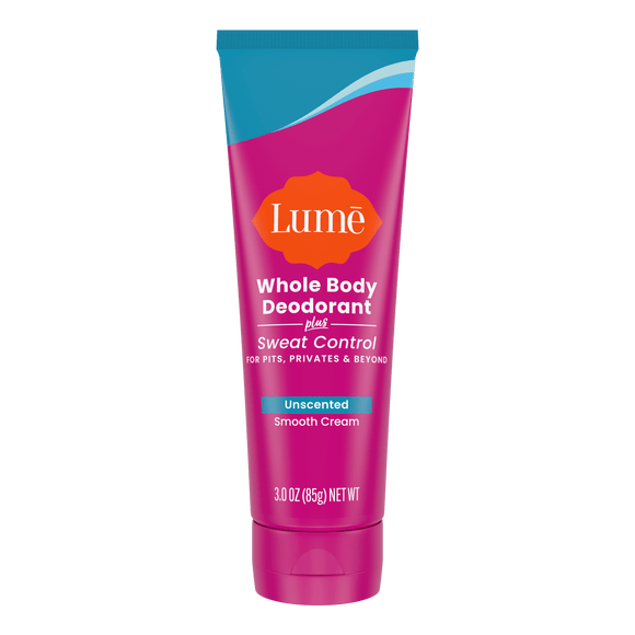 Pink and blue Lume unscented Cream Deodorant plus Sweat Control tube