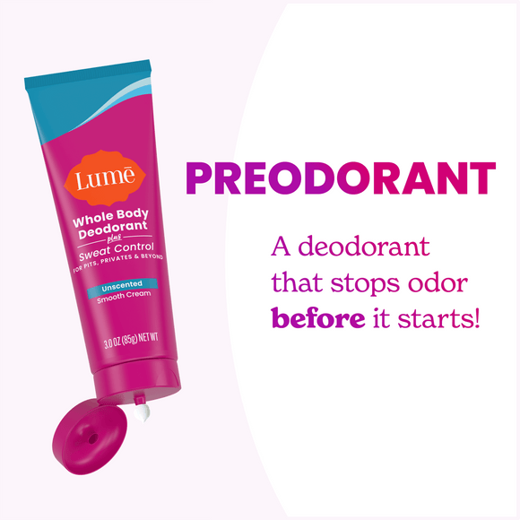 Open tube of Lume Cream Deodorant plus Sweat Control alongside the text: Preodorant. A deodorant that stops odor before it starts!