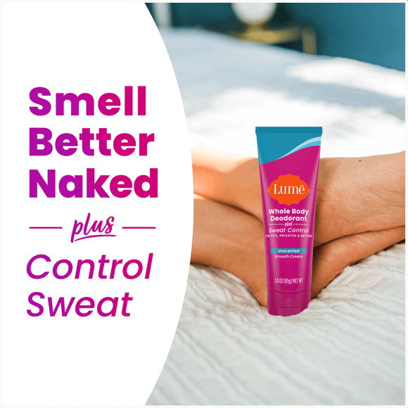 The text Smell Better Naked plus Control Sweat, alongside a picture of cream deodorant plus sweat control next to a woman's feet