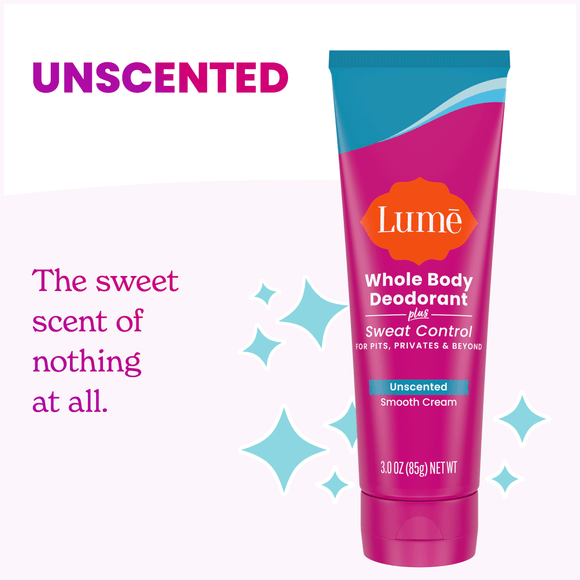 Lume Cream Deodorant Plus Sweat Control tube over blue sparkles and the text: Unscented. The sweet scent of nothing at all.
