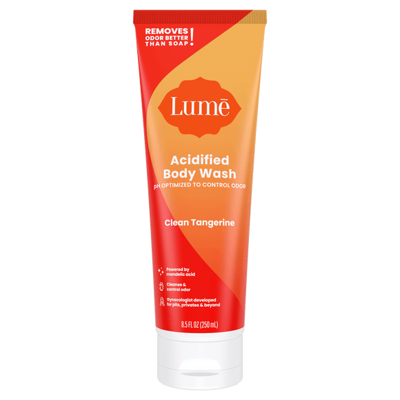 Orange Lume clean tangerine acidified body wash against a white background