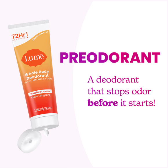 Open Lume clean tangerine cream deodorant tube and the text: Pre odorant, a deodorant that stops odors before they start