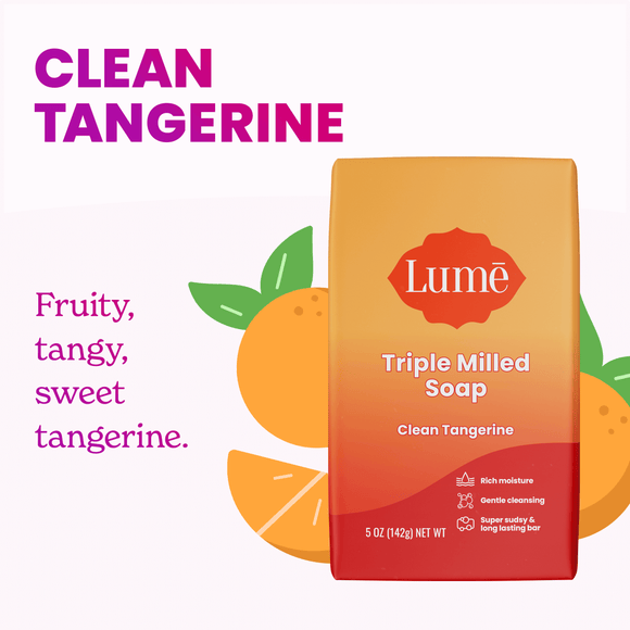 Lume clean tangerine soap bar over 4 tangerines and the text: Clean tangerine, fruity, tangy, sweet tangerine