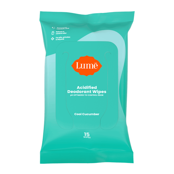 Aqua-green pack of 15 count Lume cool cucumber deodorant wipes against a white background