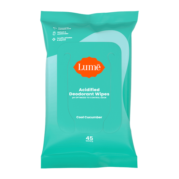 Aqua-green pack of 45 count Lume cool cucumber deodorant wipes against a white background