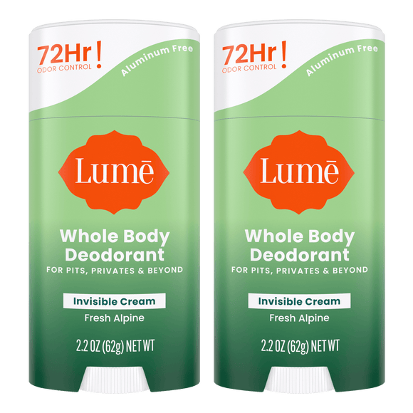 Two green cream stick deodorants in the scent Fresh Alpine