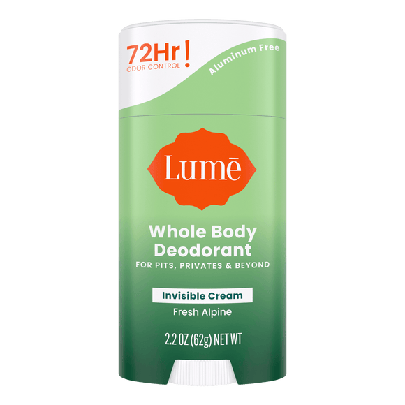 Green and white bar of Lume fresh alpine scented cream deodorant stick