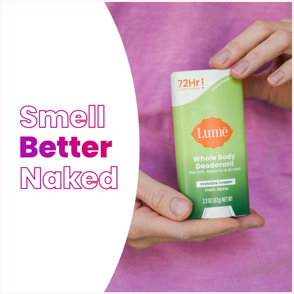 Green and white Lume fresh alpine scented cream deodorant stick next to the text: Smell better naked