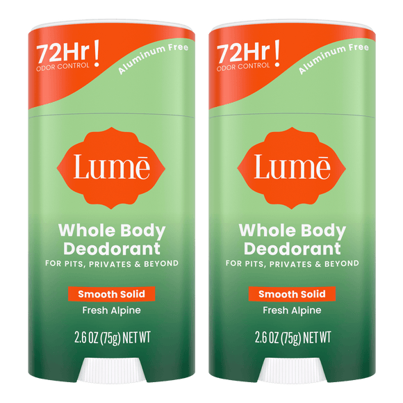 Two green sticks of solid deodorant in the Fresh Alpine scent