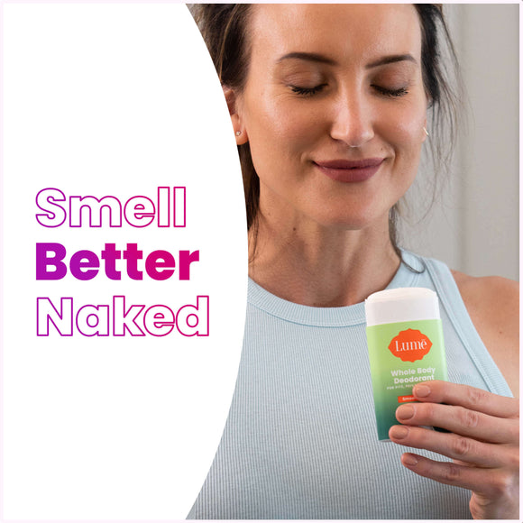 Green Lume fresh alpine scented solid deodorant stick and text that says: Smell better naked