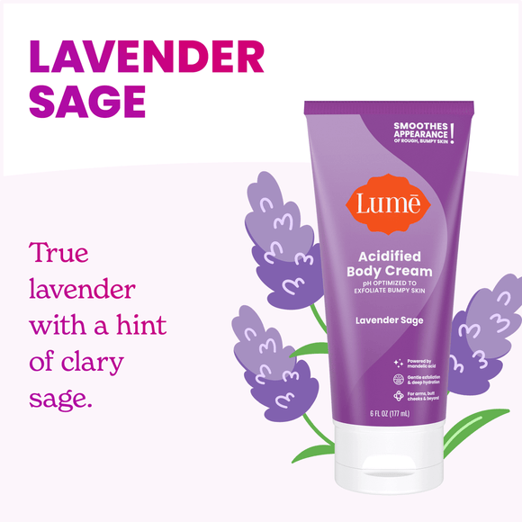 Lume lavender sage scented body cream over purple flowers and the text: Lavender sage true lavender with a hint of clary sage