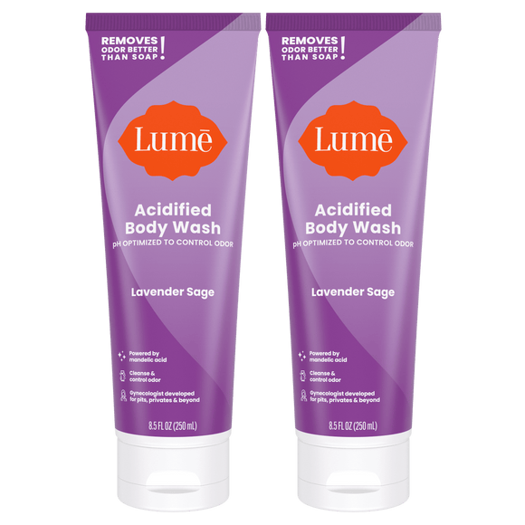 Two purple tubes of acidified body wash in the scent Lavender Sage