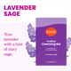 The text "lavender sage, true lavender with a hint of clary sage" alongside an acidified cleansing bar package