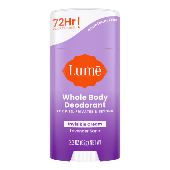 Purple and white bar of Lume lavender sage scented cream deodorant stick