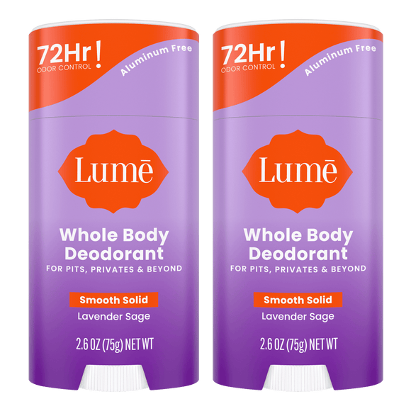 Two purple sticks of solid deodorant in the Lavender Sage scent