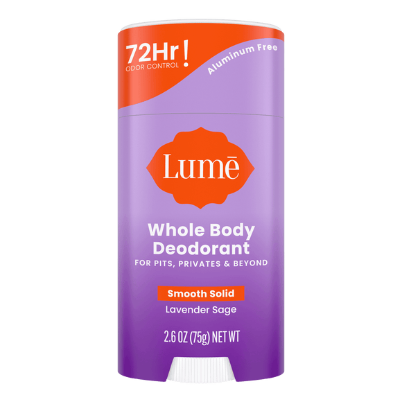 Purple and orange bar of Lume lavender sage scented solid deodorant stick