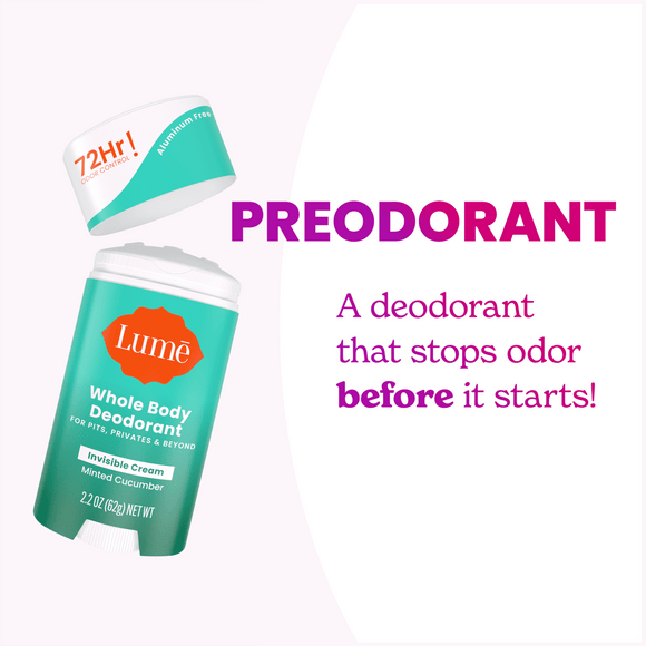 Open Lume minted cucmber scented cream deodorant and the text: Pre odorant, a deodorant that stops odors before they start