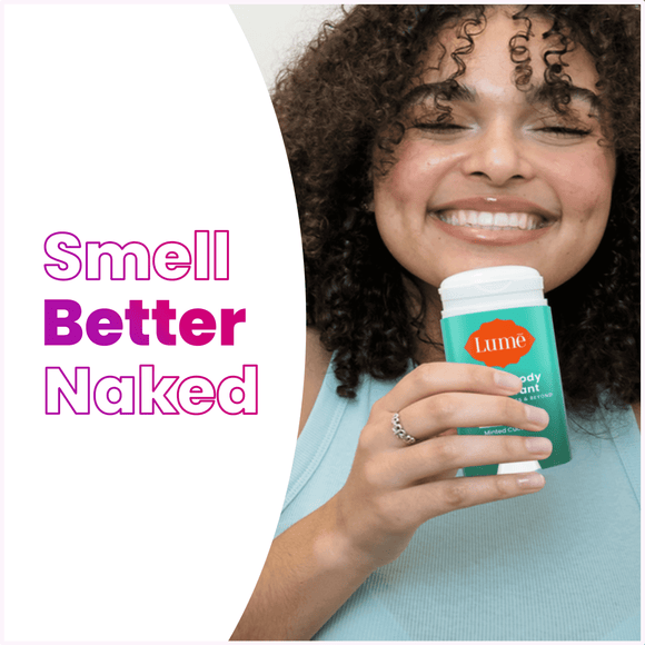 Green Lume minted cucumber scented cream deodorant stick and text that says: Smell better naked