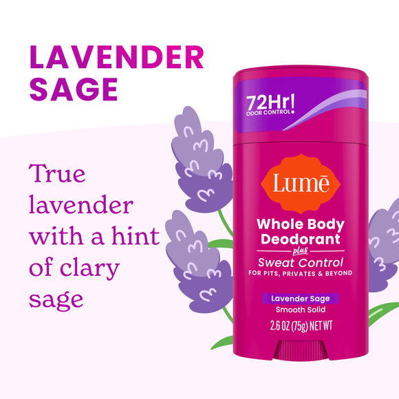 Stick of Lume solid deodorant plus sweat control overlaying lavender sprigs. Alongside it is the following text. Lavender Sage: true lavender with a hint of clary sage