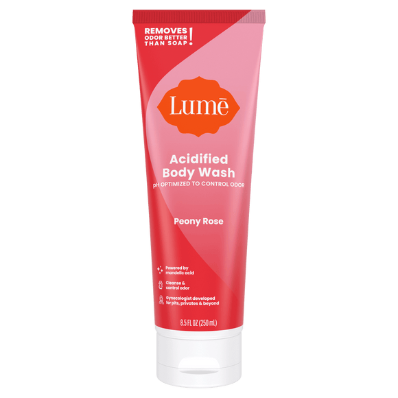 Pink Lume peony rose scented acidified body wash against a white background