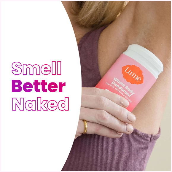 Pink and white Lume peony rose scented cream deodorant stick and text that says: Smell better naked