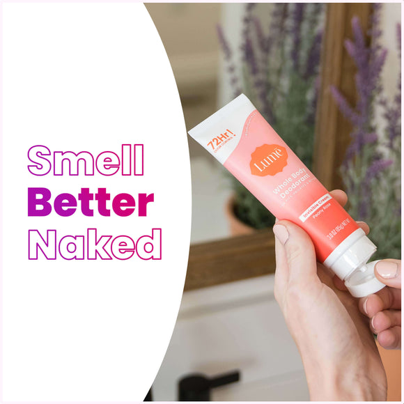 Pink and white Lume peony rose scented cream deodorant tube and text that says: Smell better naked