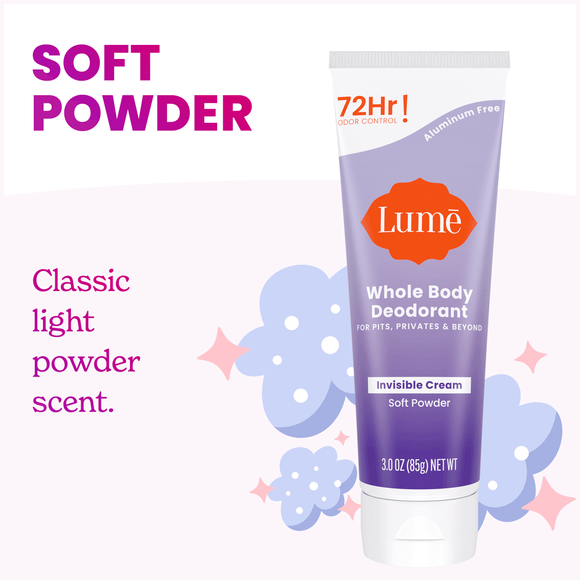 Purple Lume cream deodorant tube over clouds and stars and the text: Classic light powder scent