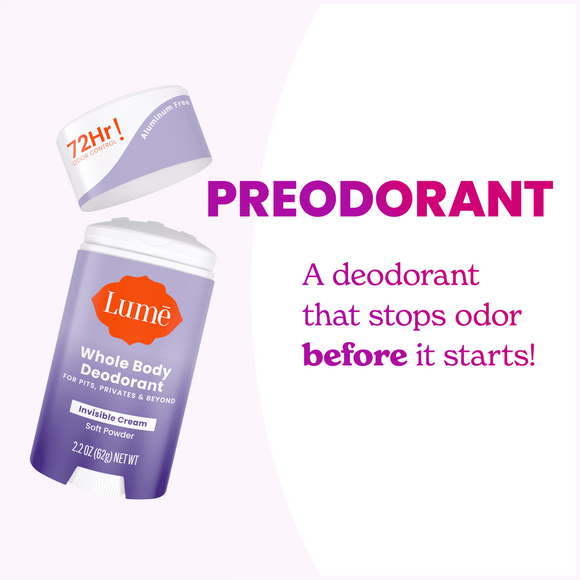 Open Lume soft powder scented cream deodorant and the text: Pre odorant, a deodorant that stops odors before they start