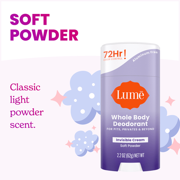 Purple Lume cream deodorant over clouds and stars and the text: Classic light powder scent