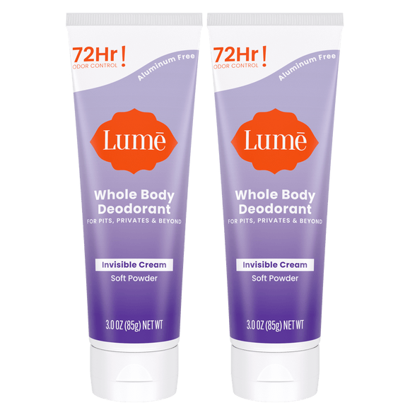 Two purple cream tube deodorants in the scent Soft Powder
