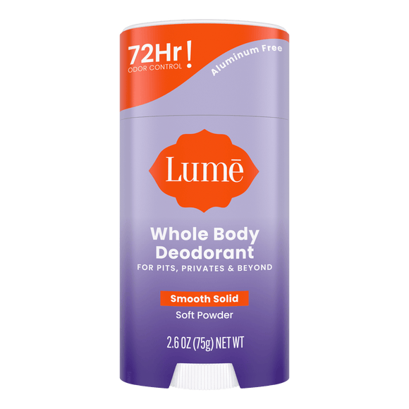 Purple and orange Lume soft powder scented solid deodorant stick