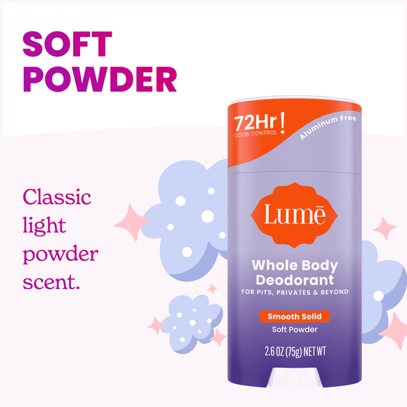 Purple Lume Solid deodorant over clouds and stars and the text: Classic light powder scent