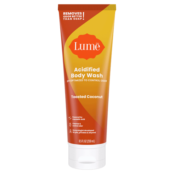 Orange Lume toasted coconut scented acidified body wash against a white background