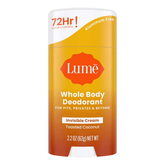 Bright orange and white Lume toasted coconut scented cream deodorant stick