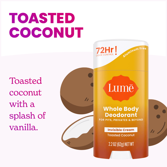 Orange Lume cream deodorant over two coconut halves and the text: Toasted coconut, toasted coconut with a splash of vanilla