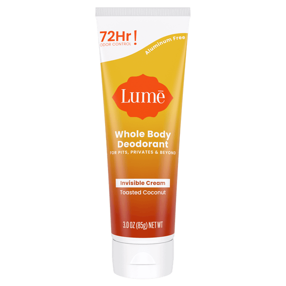 Bright orange and white Lume toasted coconut scented cream deodorant tube