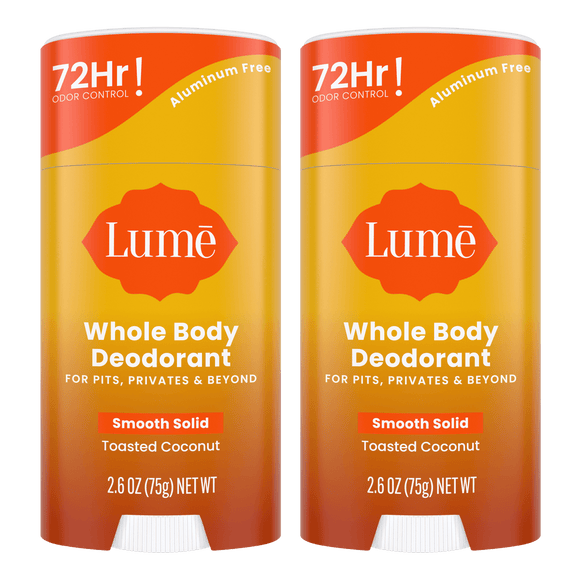 Two orange sticks of solid deodorant in the Toasted Coconut scent