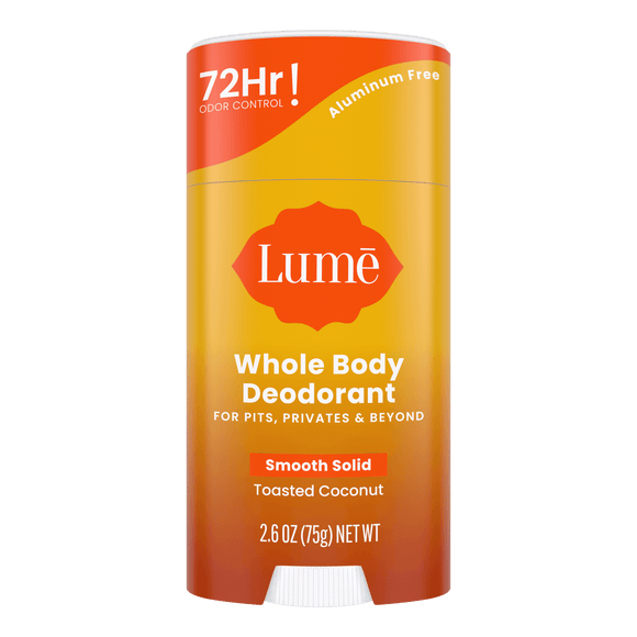 Bright orange and orange Lume toasted coconut scented solid deodorant stick