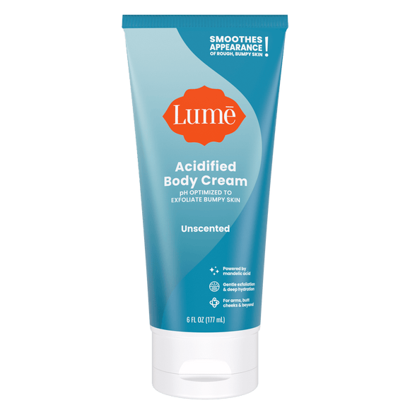 Light blue Lume unscented acidified body cream against a white background