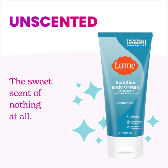 Light blue Lume unscented acidified body cream next to the text: Unscented, the sweet scent of nothing at all