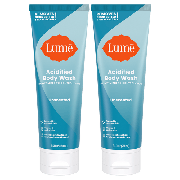 Two blue tubes of unscented acidified body wash