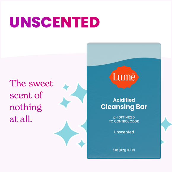 The text "Unscented, the sweet scent of nothing at all" alongside an acidified cleansing bar package